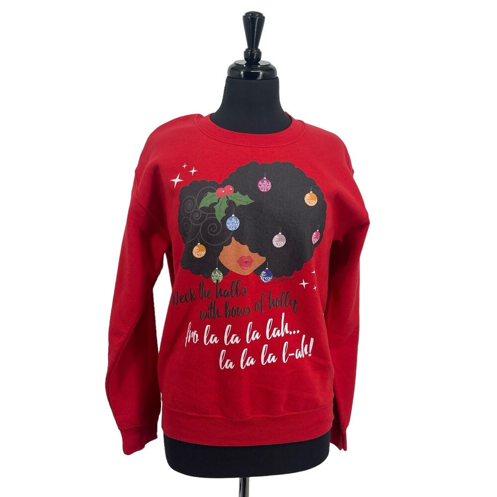 Dyna Smiles Women’s Red Graphic Afro Ornament Christmas Sweatshirt Size Small S